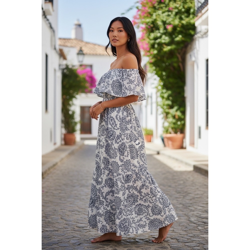 Moda International Linen Maxi Dress Blue White Paisley Off Shoulder Smocked S